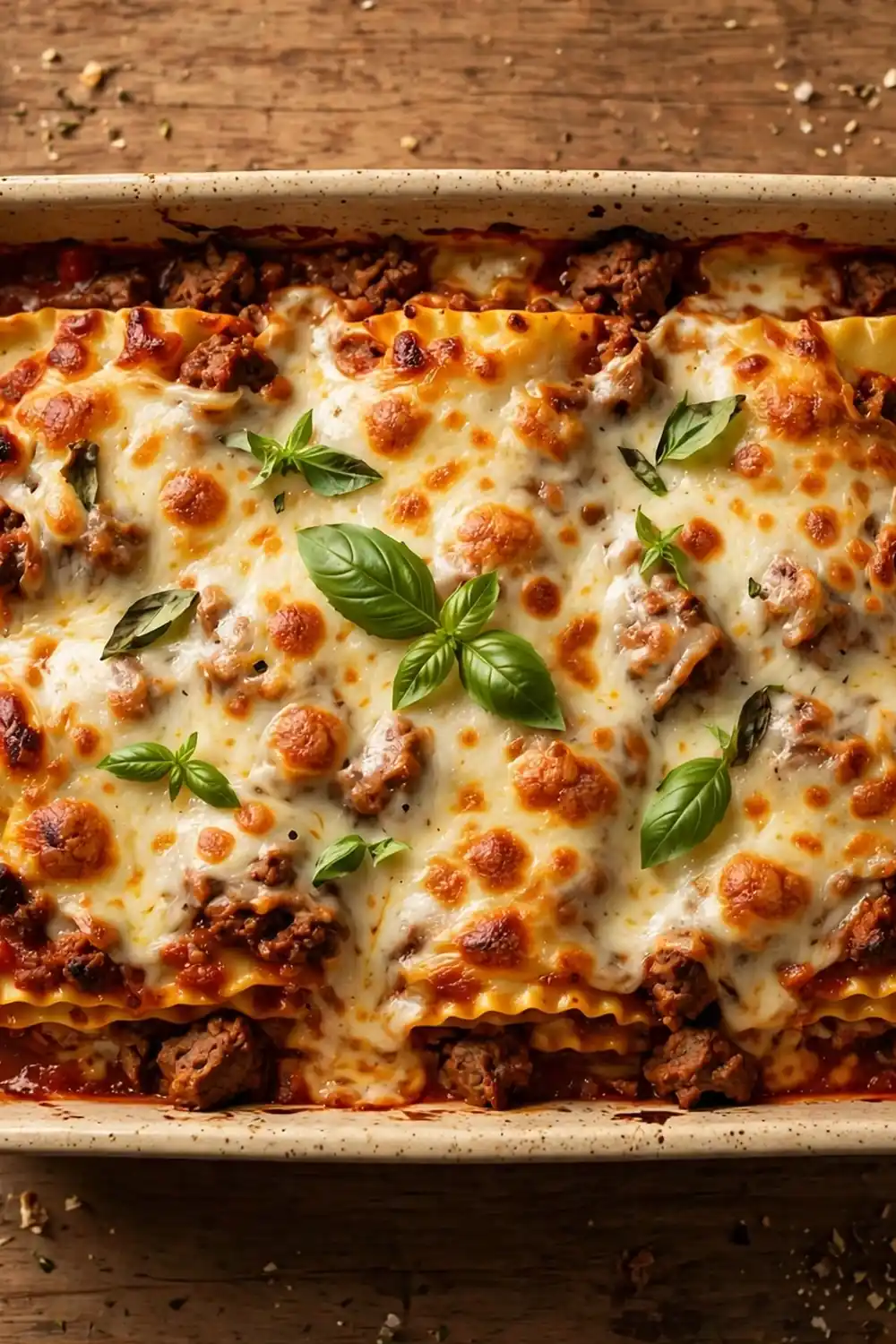 Baking dish of layered pasta with beef tomato sauce and melted mozzarella and parmesan