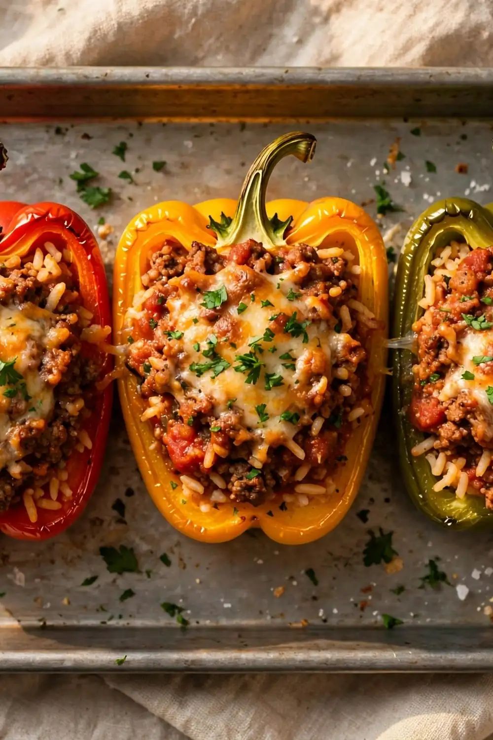 Stuffed bell peppers filled with beef tomato sauce and rice, topped with melted cheese