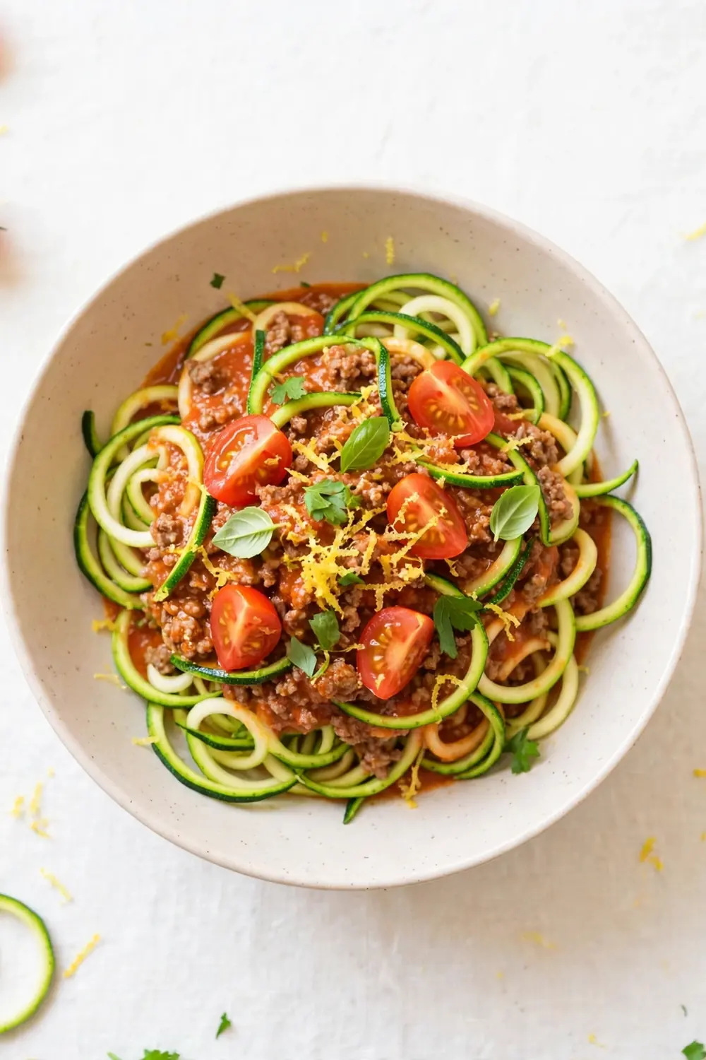 Bowl of beef tomato meat sauce over spiralized zucchini noodles with cherry tomatoes