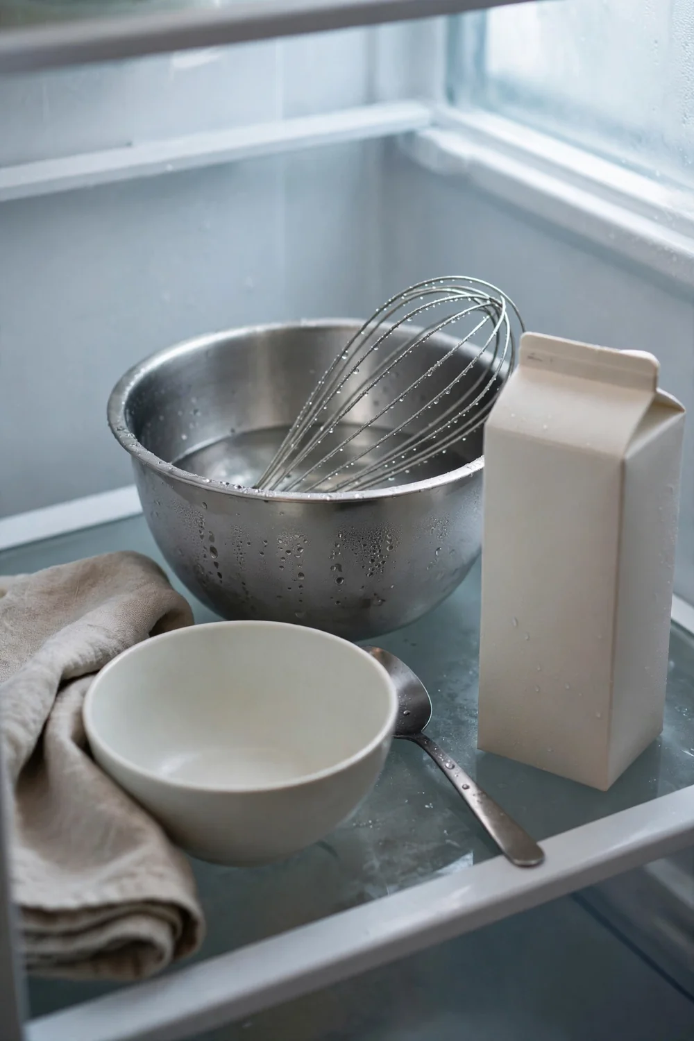 Cold bowl and whisk chilling in a fridge