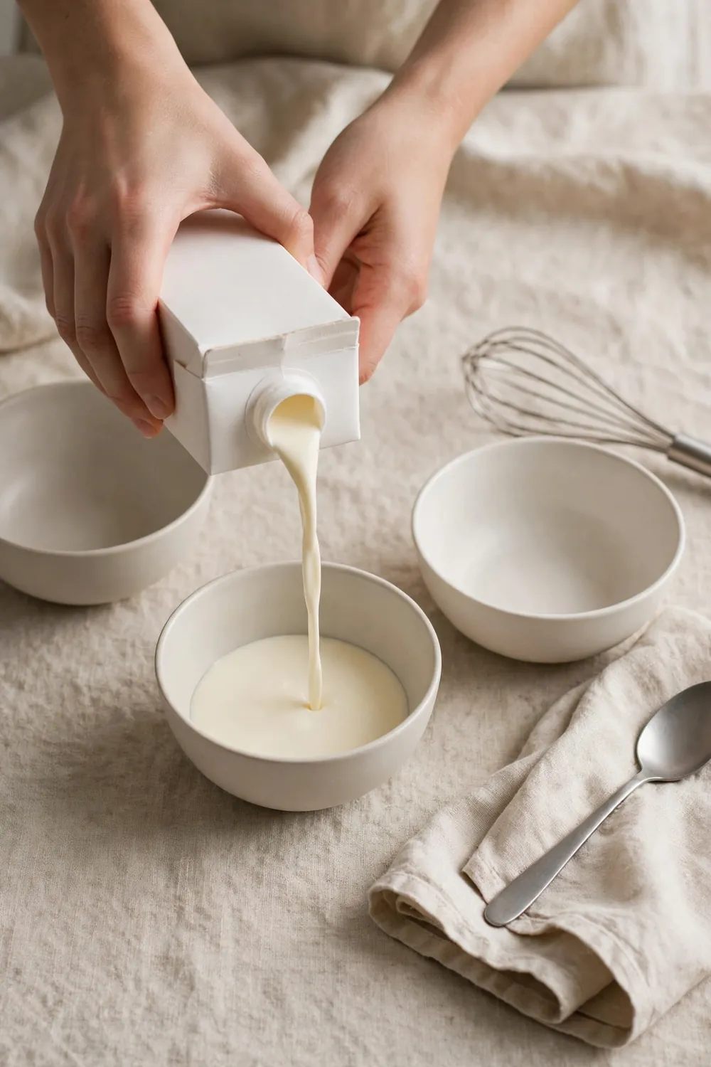 Pouring cold cream from a carton into a bowl