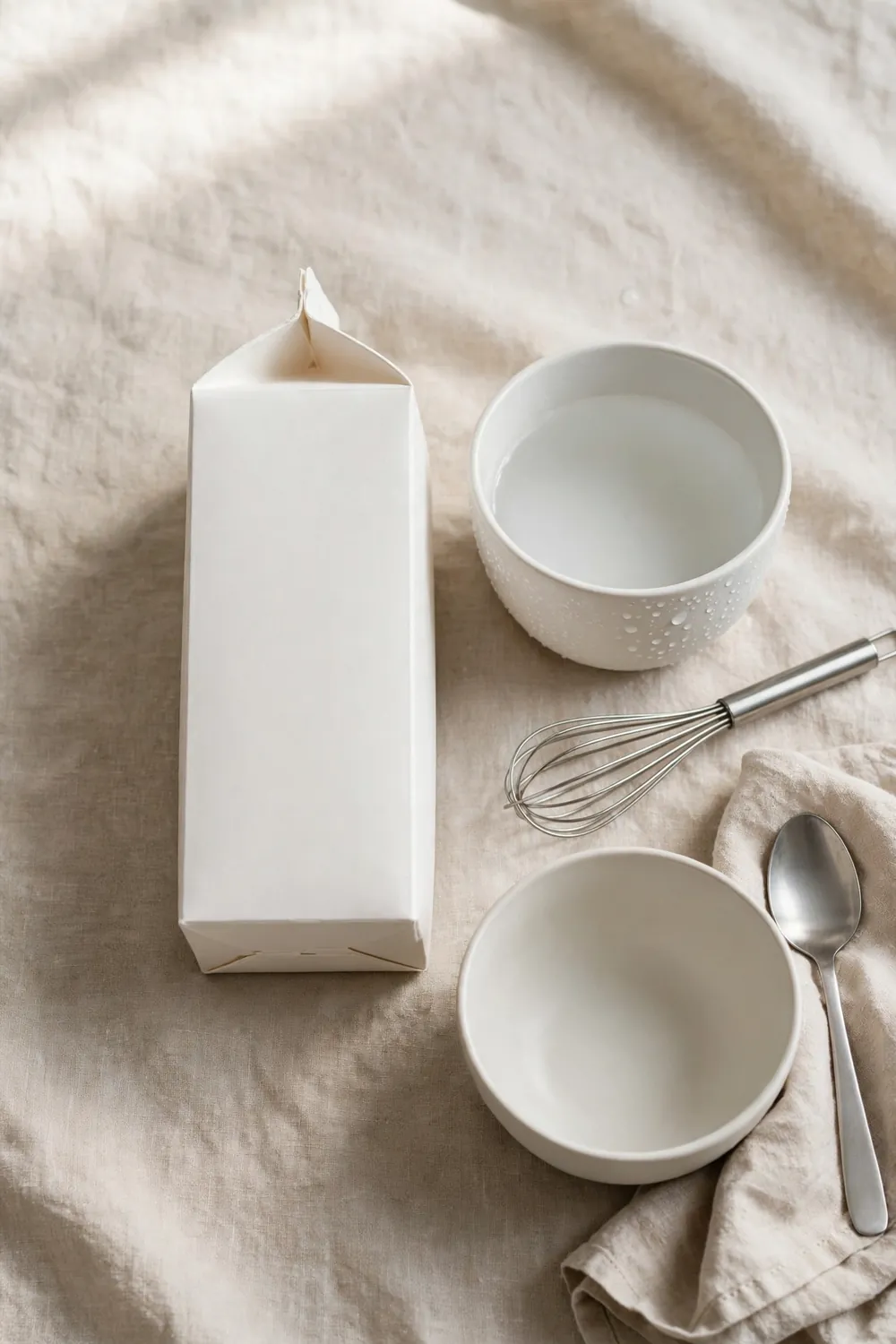Carton of heavy cream beside a cold bowl