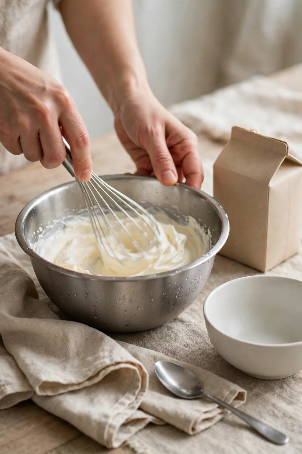 Whisking cream fast with a whisk in a bowl