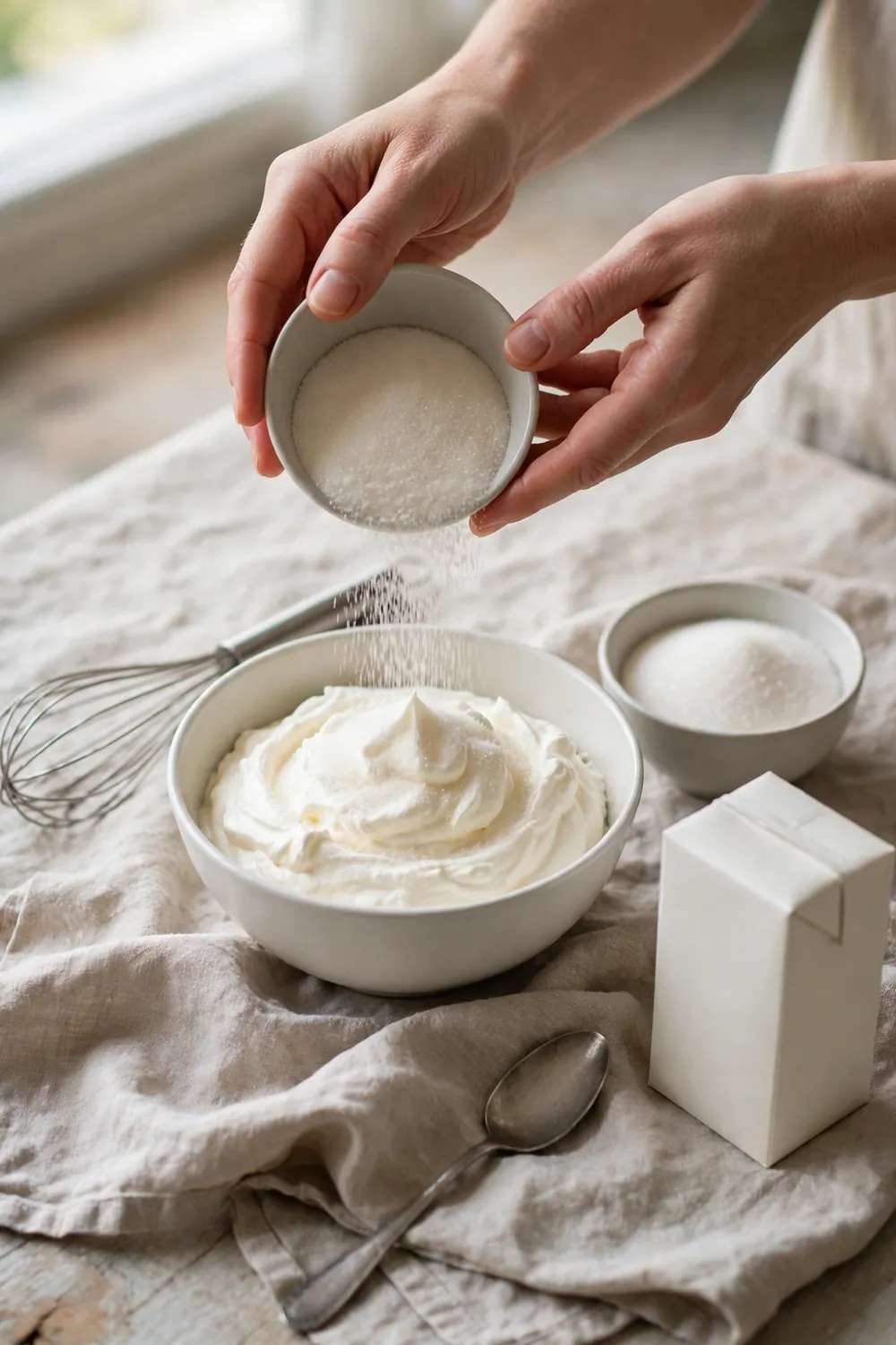 Adding sugar to whipped cream in a bowl