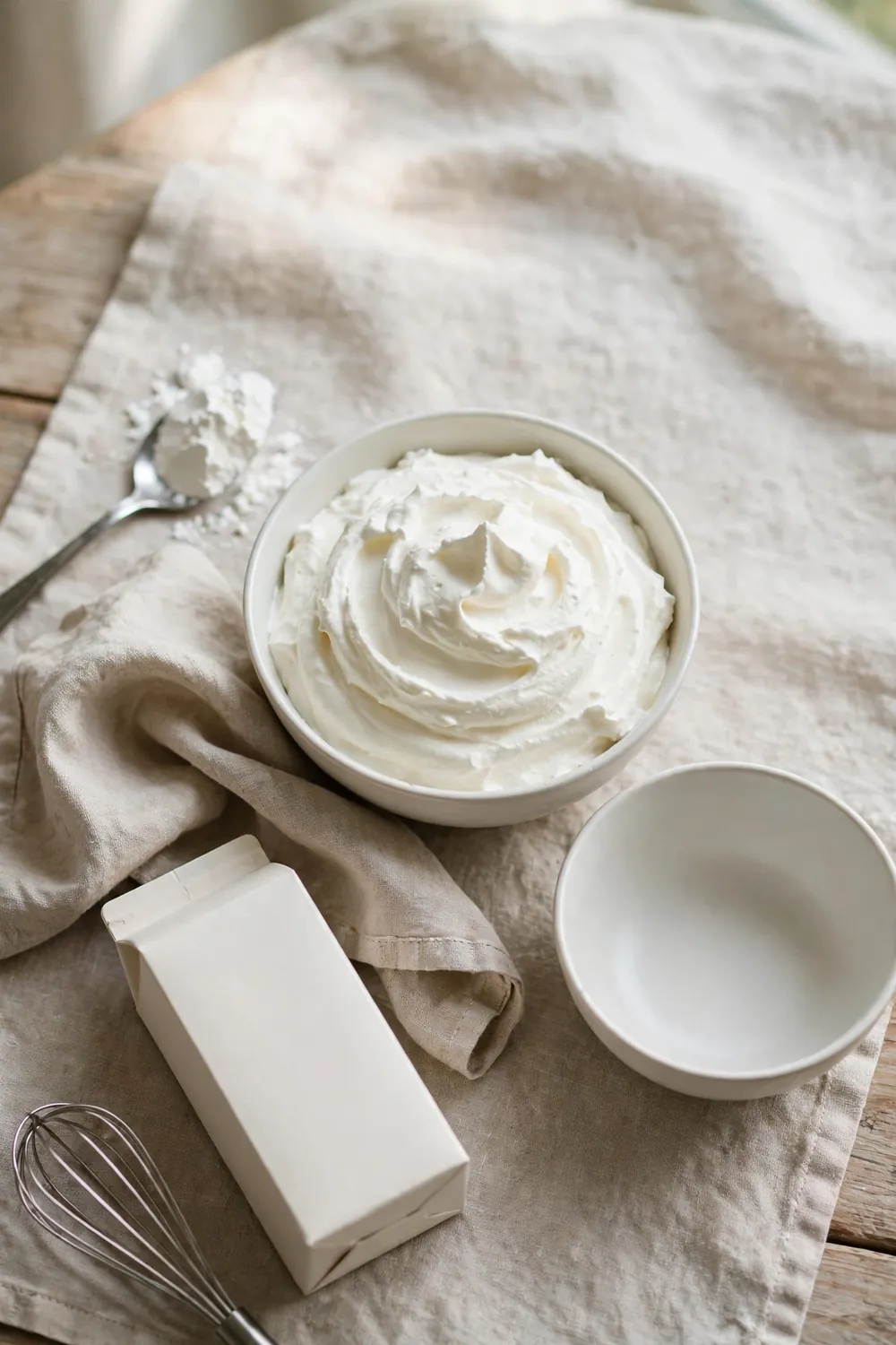 Bowl of whipped cream with a spoon of cornstarch nearby
