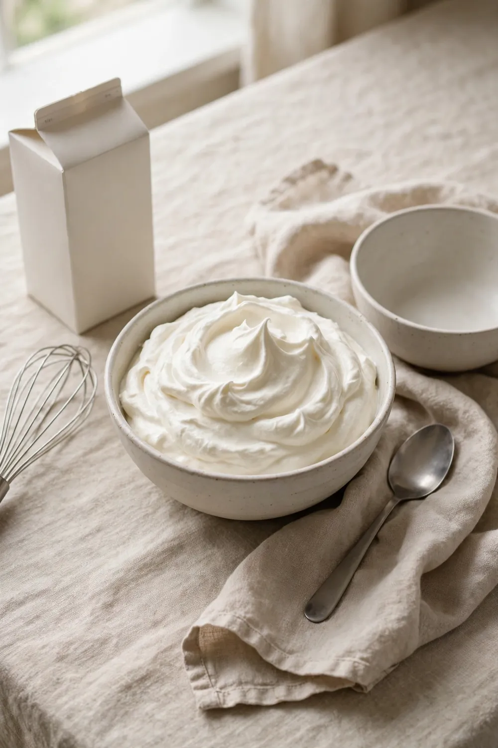 Bowl of thick whipped cream with soft peaks