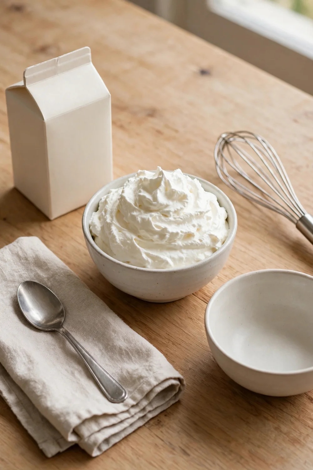 Single small bowl of whipped cream on a table