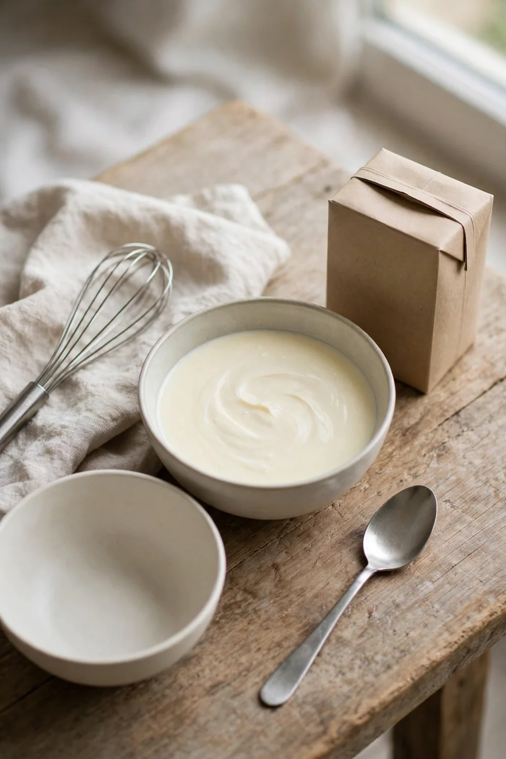 Bowl of thin cream beside a carton of cream