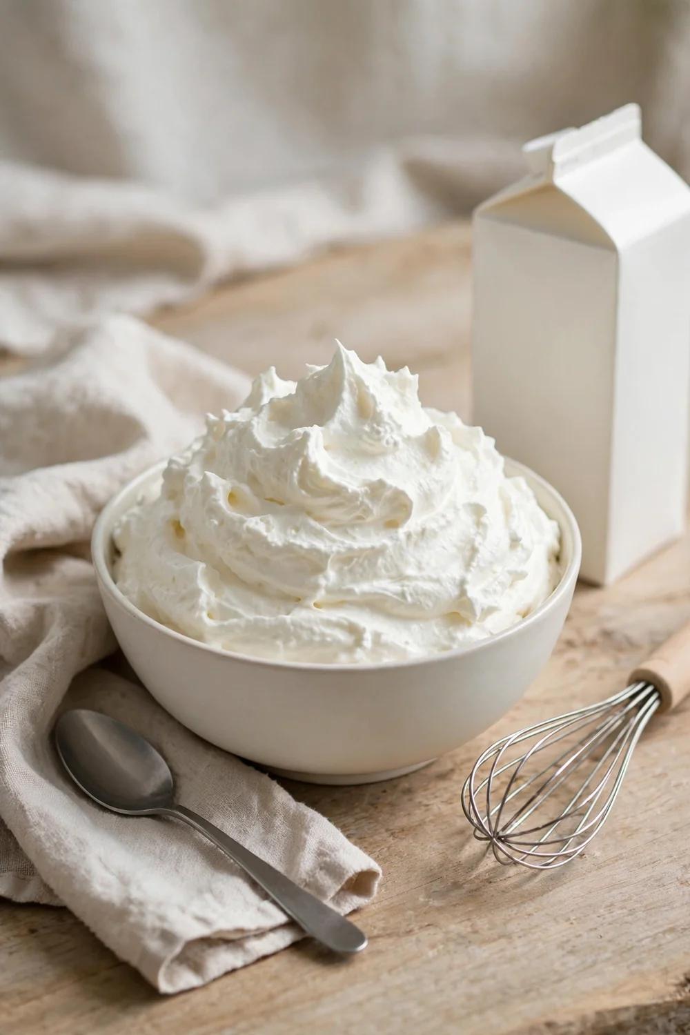Thick fluffy whipped cream in a plain bowl