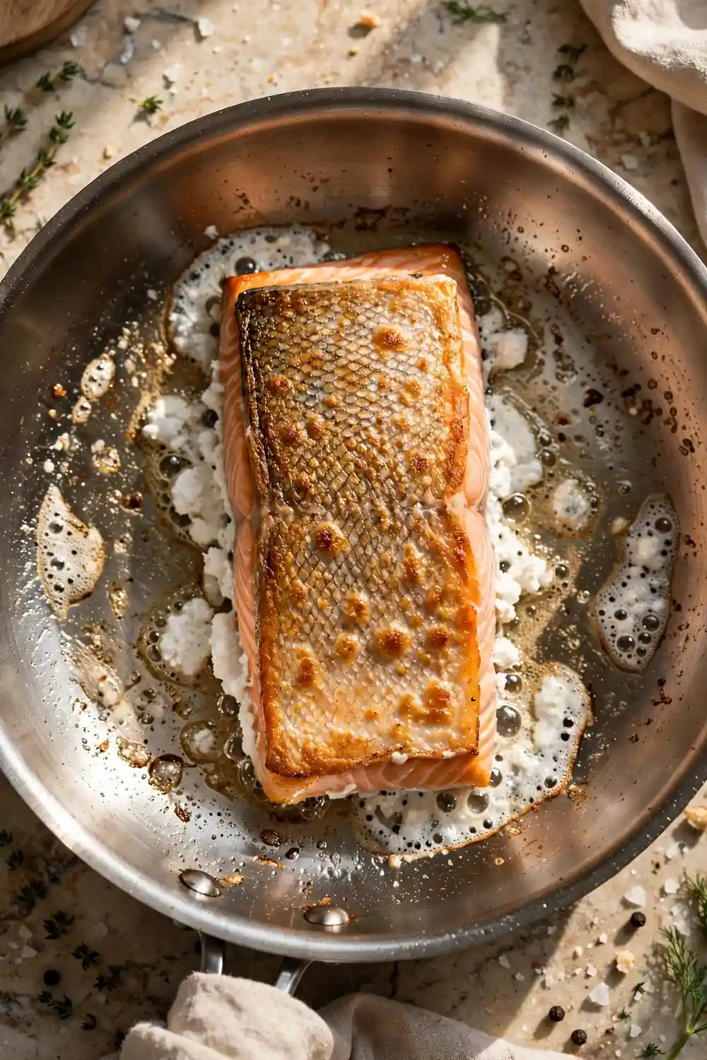 white stuff on salmon seeping from a fillet cooking in a pan