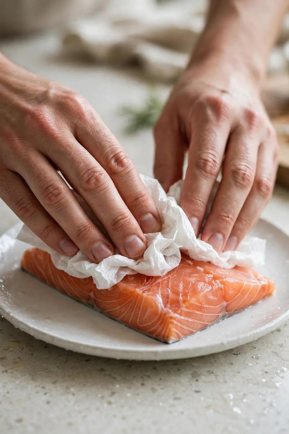 Patting a salmon fillet dry with paper towels