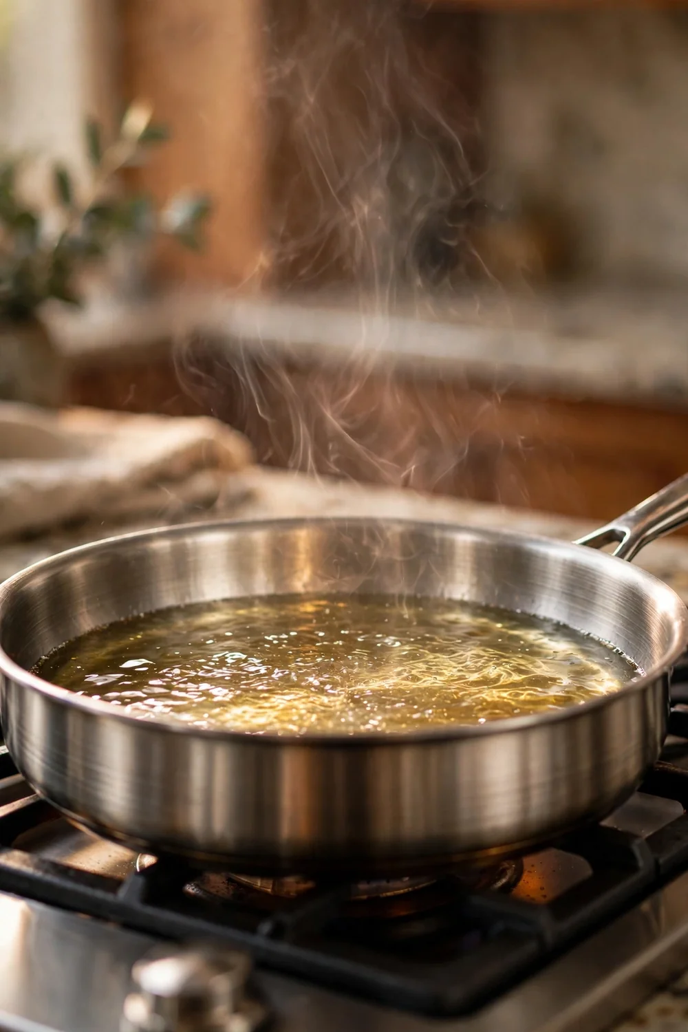 Hot skillet with shimmering oil ready for salmon
