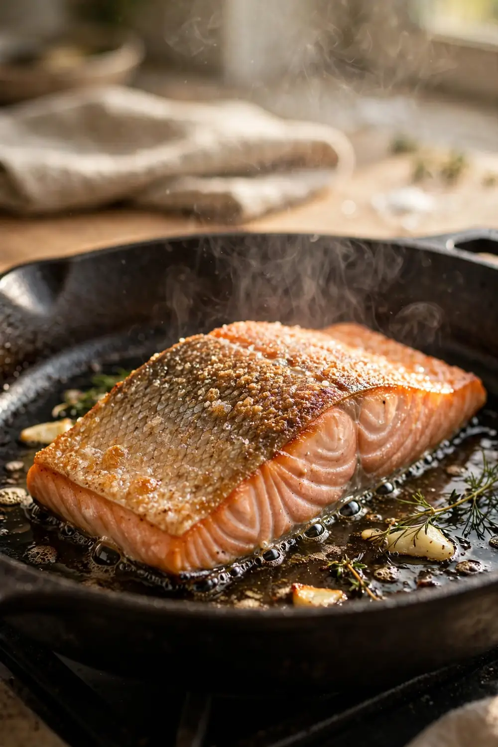 Salmon fillet cooking skin side down in a skillet