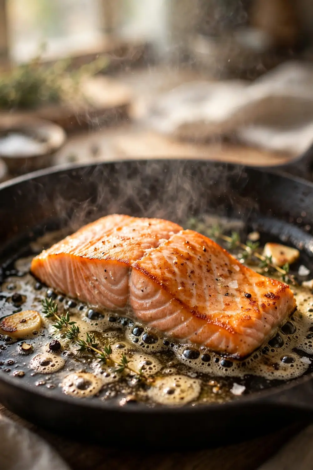 Salmon cooking gently over medium heat in a pan