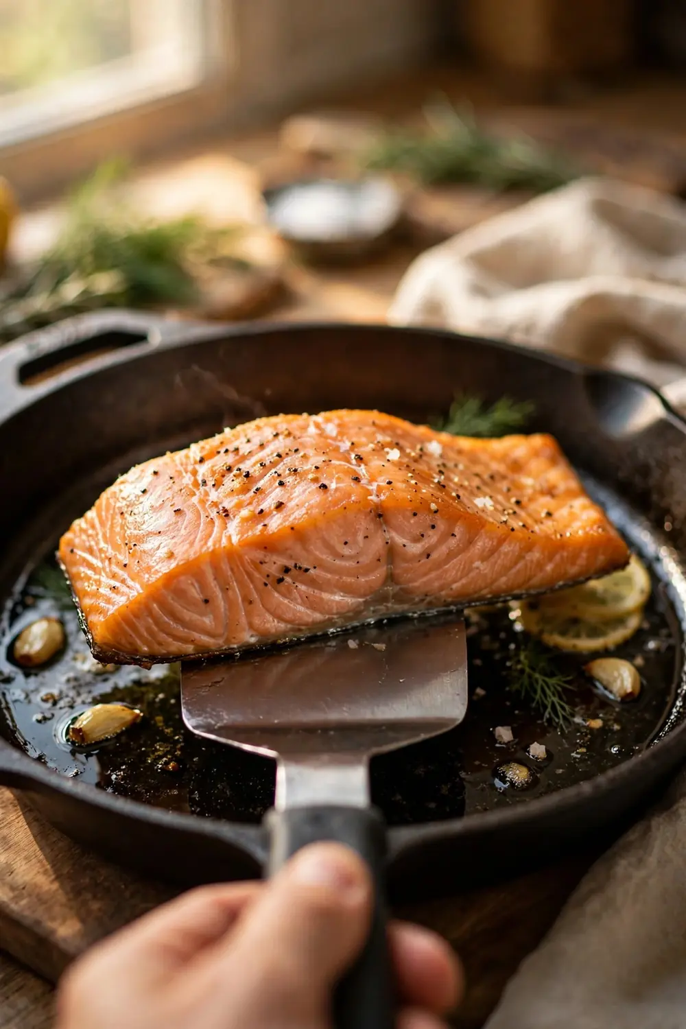Spatula lifting salmon gently without flipping too soon