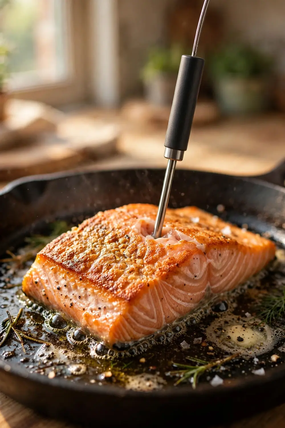 Meat thermometer reading inside a thick salmon fillet