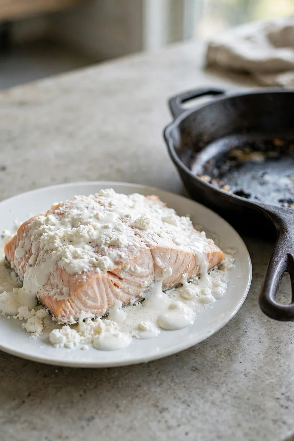 Overcooked salmon with heavy white ooze beside a skillet