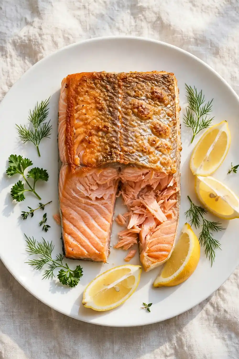 Clean cooked salmon fillet with crisp skin on a plate